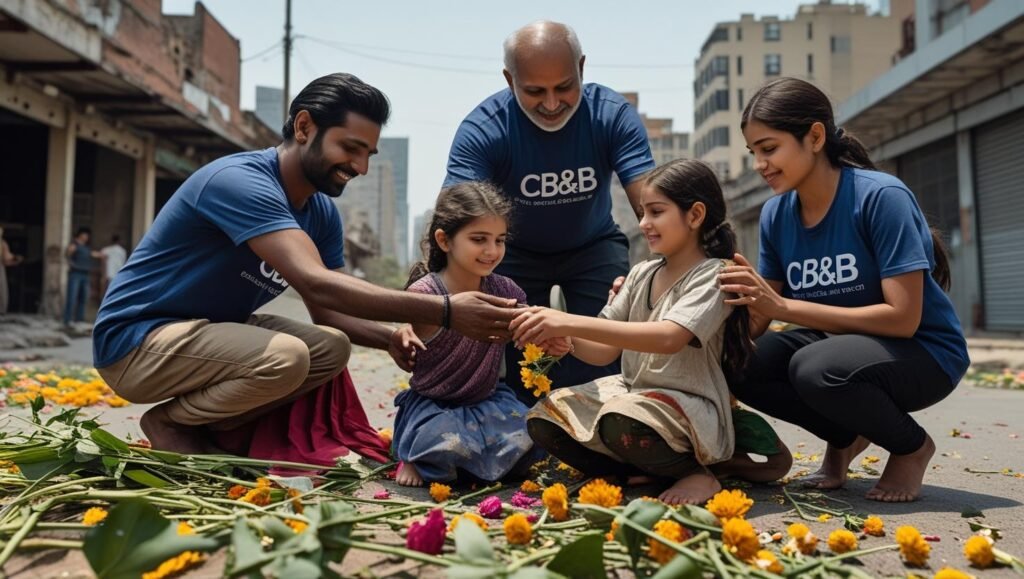 , real people gathering in the middle the logo cb & bb , the people giving their hands down to the 3 children's trying to holding their hands from above , basically cb and bb is an organization like charity tryi (2)