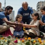 , real people gathering in the middle the logo cb & bb , the people giving their hands down to the 3 children